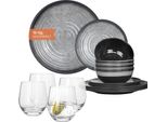 Set Di Stoviglie Da Campeggio In Melamina 4 Persone Stone Grey + 4 Bicchieri Tiamo Bicchieri D'acqua Servizio Da Tavola Picnic Bbq Cookware
