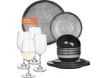 Set Di Stoviglie Da Campeggio In Melamina 4 Persone Stone Grey + 4 Bicchieri Da Vino Tiamo White Servizio Da Tavola Picnic Bbq Cookware