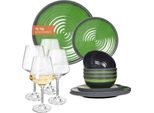 Set Di Stoviglie Da Campeggio In Melamina 4 Persone Stone Green + 4 Bicchieri Da Vino Milano White Servizio Da Tavola Picnic Bbq Cookware