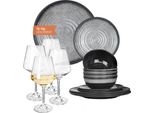 Set Di Stoviglie Da Campeggio In Melamina 4 Persone Grigio Pietra + 4 Bicchieri Da Vino Bianco Milano Servizio Da Tavola Picnic Bbq Cookware