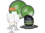 Set Di Stoviglie Da Campeggio In Melamina 4 Persone Stone Green + 4 Bicchieri Da Vino Tiamo White Servizio Da Tavola Picnic Bbq Cookware