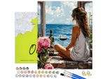 Oh Art! Pittura Di Numeri Di Donna - "Donna In Riva Al Mare"" 40X50 Cm - Set Di Tele Fai Da Te Con Telaio In Legno, Colori Acrilici, 3 Pennelli E Accessori - Adulti E Bambini"