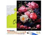 Oh Art! Dipingere Con I Numeri Fiori Per Adulti - Peonie E Rose 50X40 Cm - Set Fai Da Te Tela Con Telaio, 36 Colori Acrilici, 3 Pennelli E Accessori