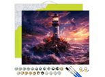 Oh Art! Pittura Per Numeri Adulti Paesaggio - Faro In Tempesta 50 X 40 Cm - Set Fai Da Te Tela Con Telaio, 30 Colori Acrilici, 3 Pennelli E Accessori
