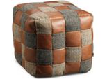 Sgabello Casa Padrino Grigio / Beige / Marrone 45 X 45 X H. 45 Cm - Sgabello A Forma Di Cubo In Vera Pelle - Poggiapiedi - Mobili Da Soggiorno
