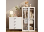 Set Armadio E Cassettiera Per Bambini Di Merax, 2 Pezzi, Cassettiera A 4 Cassetti, Armadio A 2 Ante In Vetro, Contenitore Per La Cameretta Dei Bambini, Bianco+Naturale