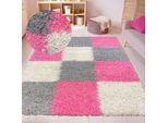 Tappeto Shaggy A Pelo Alto Con Motivo A Quadri Rosa Grigio Crema Dimensioni - 160 X 230 Cm