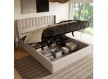Letto Imbottito Flieks 140X200Cm, Letto A Molle Idrauliche Con Rete A Doghe, Letto Contenitore Letto Matrimoniale Letto In Legno Massiccio, Tessuto Di Lino, Beige