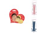 Set Di Biscotti A Forma Di Cuore + 2 Penne Di Cioccolato In Rosa Pastello E Blu Notte
