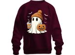 Fantasma Zucca Halloween Carino Berretto Caffè Autunno Carino Spaventoso Unisex Felpa Pullover, Bordeaux, Xxl