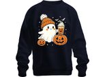 Fantasma Carino Con Zucca Latte Halloween Zucca Beanie Carino Pullover Felpa Unisex, Navy, S