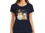Halloween Mucca Fantasma Costume Carino Ragnatela Cappello Strega Cartoon Signore T-Shirt, Navy, Xl