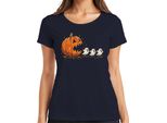 Pac-Man Horror Halloween Zucca Fantasmi Cartoon Carino Spaventoso Maglietta Donna, Navy, 3XL