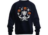 Halloween Scheletro Yoga Meditazione Zucca Teschio Pipistrello Felpa Unisex Pullover, Navy, M