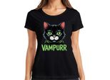 Vampurr Gatto Di Halloween Gatto Nero Vampiro Occhi Verdi Notte Maglietta Da Donna, Nero, S