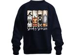 Spooky Season Halloween Pumpkin Black Cat Ghost Grave Spider Felpa Unisex Pullover, Navy, S