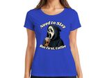 But First Coffee Grim Reaper Halloween Coffee Gothic Funny Scary Ladies T-Shirt, Blu, L