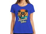 Summer Vibes Raccoon Sunglasses Beach Palm Trees Retro Vintage Ladies T-Shirt, Blu, S