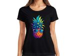 Ananas Occhiali Da Sole Colorati Vacanze Estive Tropicali Hawaii Retro T-Shirt Da Donna, Nero, Xxl