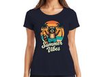 Summer Vibes Raccoon Sunglasses Beach Palm Trees Retro Vintage Ladies T-Shirt, Navy, L