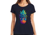 Ananas Occhiali Da Sole Colorati Vacanze Estive Tropicali Hawaii Retro T-Shirt Da Donna, Navy, Xxl