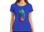 Ananas Occhiali Da Sole Colorati Vacanze Estive Tropicali Hawaii Retro T-Shirt Da Donna, Blu, M
