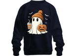 Fantasma Zucca Halloween Carino Berretto Caffè Autunno Carino Spaventoso Unisex Felpa Pullover, Navy, Xxl