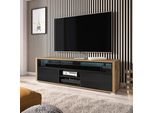 Selsey Laksa Tv Lowboard - Mobile Tv In Rovere Wotan / Nero Lucido Con Illuminazione A Led, Larghezza 137 Cm