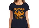 Maglietta Da Donna Pumpking Iron Halloween Pumpkin Fitness Weightlifting Gift, Navy, Xxl