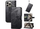 Per Apple Iphone 16 Pro Max Portafoglio Cellulare Custodia Farfalla Design Cover Case Nero