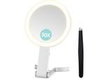 B Beauty Planet Specchio D'ingrandimento Luminoso, Specchio Bifacciale 30X/1X, Make-Up Da Viaggio 3 Luci Colorate, Pinzette Pieghevoli, Da Tenere In Mano/Da Tavolo