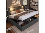 Letto Imbottito Sweiko 140X200Cm Matrimoniale Con Luce Di Lettura E Funzione Di Ricarica Usb, Letto Contenitore Con Testiera E Rete A Doghe In Pelle Finta Grigio (Senza Materasso)