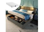 Letto Imbottito Sweiko Letto Matrimoniale Con Luce Di Lettura E Funzione Di Ricarica Usb, Letto Contenitore Con Testiera E Rete A Doghe In Ecopelle Grigio 160X200Cm (Con Materasso)