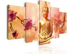 Quadro Su Tela Buddha 200X100 Cm In Tessuto Non Tessuto 5 Pezzi Stampa D'arte Moderna Arte Murale Xxl Decorazione Murale Design Quadro Murale - Feng Shui Bokeh Fiori Oro 020113-221
