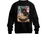 Gatto Nero Ramen Noodle Soup Giapponese Kawaii Anime Neko Chibi Unisex Felpa Pullover, Nero, 3XL