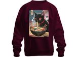 Black Cat Ramen Noodle Soup Japanese Kawaii Anime Neko Chibi Unisex Felpa Pullover, Borgogna, Xxl