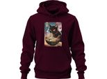 Black Cat Ramen Noodle Soup Japanese Kawaii Anime Neko Chibi Unisex Felpa Con Cappuccio, Borgogna, 3XL