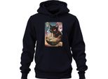 Black Cat Ramen Noodle Soup Japanese Kawaii Anime Neko Chibi Unisex Felpa Con Cappuccio, Navy, Xl