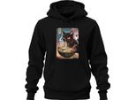 Gatto Nero Ramen Noodle Soup Giapponese Kawaii Anime Neko Chibi Unisex Felpa Con Cappuccio, Nero, 3XL
