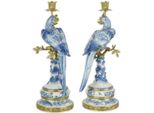 Casa Padrino Set Di Candelieri Liberty Pappagalli Blu / Bianco / Oro 22,1 X 18,6 X H. 49,4 Cm - Candelieri In Porcellana - Accessori Per Alberghi E Ristoranti - Accessori Barocco E Liberty