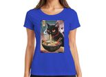 Black Cat Ramen Noodle Soup Japanese Kawaii Anime Neko Chibi Maglietta Da Donna, Blu, S