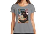 Black Cat Ramen Noodle Soup Japanese Kawaii Anime Neko Chibi Maglietta Da Donna, Grigio, S
