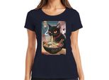 Black Cat Ramen Noodle Soup Japanese Kawaii Anime Neko Chibi Ladies T-Shirt, Navy, S