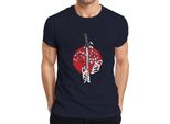 Maglietta Katana Samurai Kitsune Mask Sakura Cherry Blossom Japan Sun Uomo, Navy, S