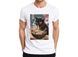 Maglietta Black Cat Ramen Noodle Soup Japanese Kawaii Anime Neko Chibi Uomo, Bianco, L