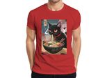 Maglietta Black Cat Ramen Noodle Soup Japanese Kawaii Anime Neko Chibi Uomo, Rosso, Xxl
