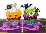 Biglietto D'auguri Pop-Up 3D Cupcake Di Halloween - Mostro E Zucca - Fatto A Mano, Con Busta Bianca