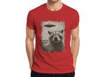 Maglietta Da Uomo Raccoon Ufo Vintage Retro Alien Funny Sci-Fi Space Sepia, Rossa, Xl