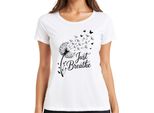 Just Breathe Dandelion Butterfly Mindfulness Yoga Meditation Maglietta Da Donna, Bianco, L