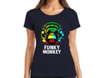 Funky Monkey Headphones Sunglasses Music Dj Retro Colourful Streetwear Ladies T-Shirt, Navy, L